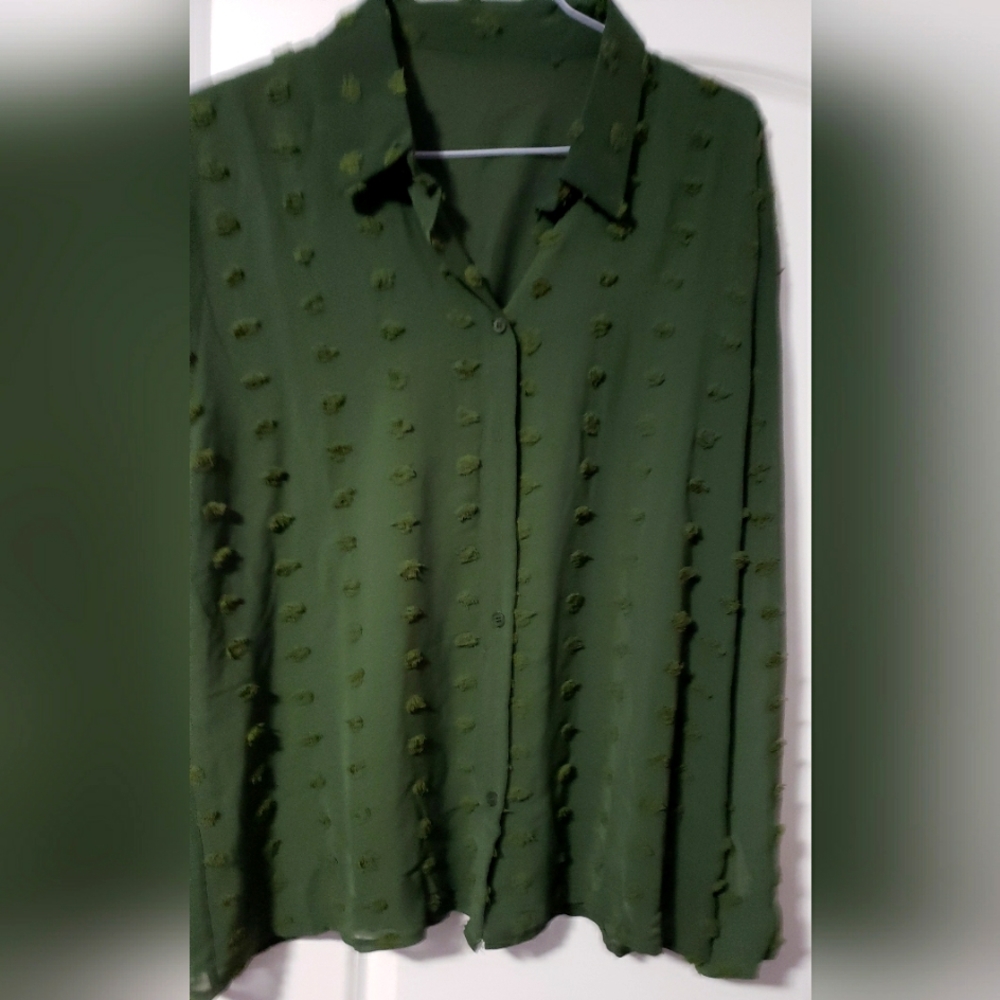 Forest green long sleeved blouse with puffed embellishments. Size 2x, rayon/poly